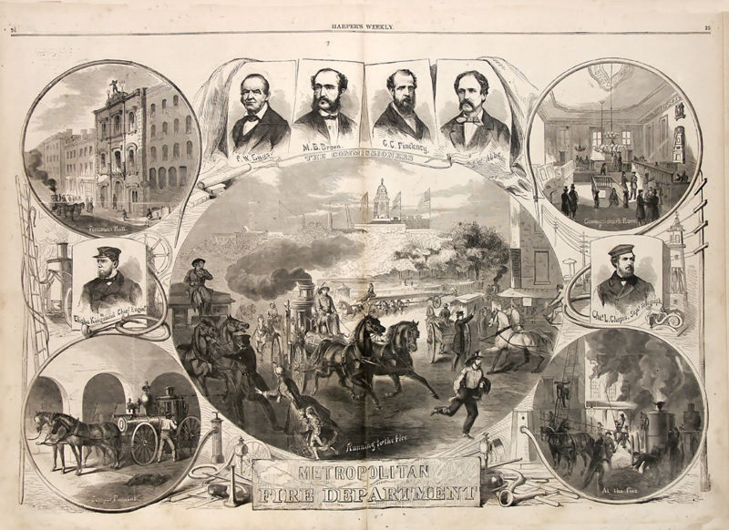 In 1866, Harper's Weekly featured this illustrated print celebrating the official formation of New York City's Metropolitan Fire Department. Museum of the City of New York Collections